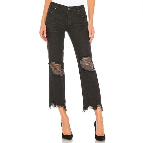 Free People Maggie Distressed Black Wash Denim Button Fly Crop Jeans Size 26 - Picture 1 of 7